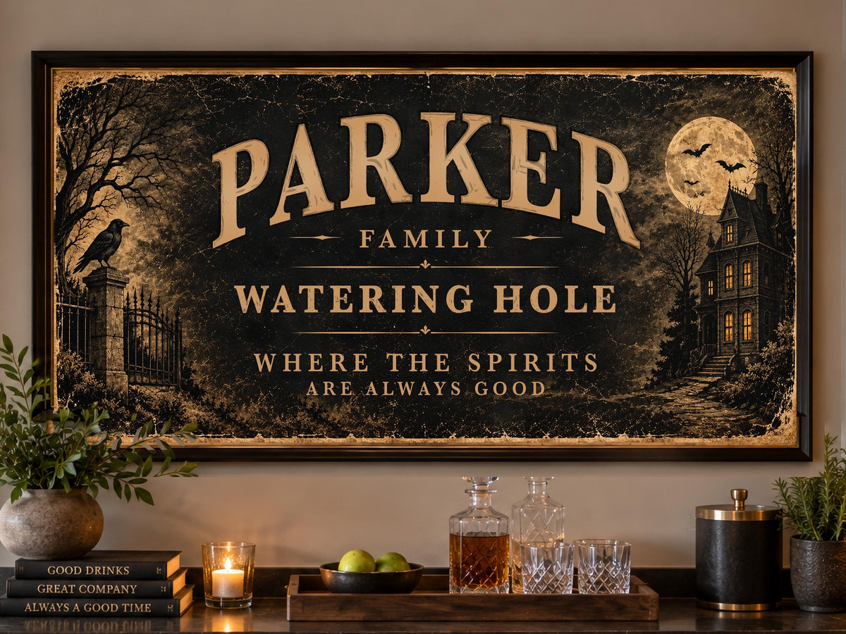 Personalized Halloween Bar Sign, Custom Family Name Wall Art, Haunted House Watering Hole Sign, Framed Halloween Decor