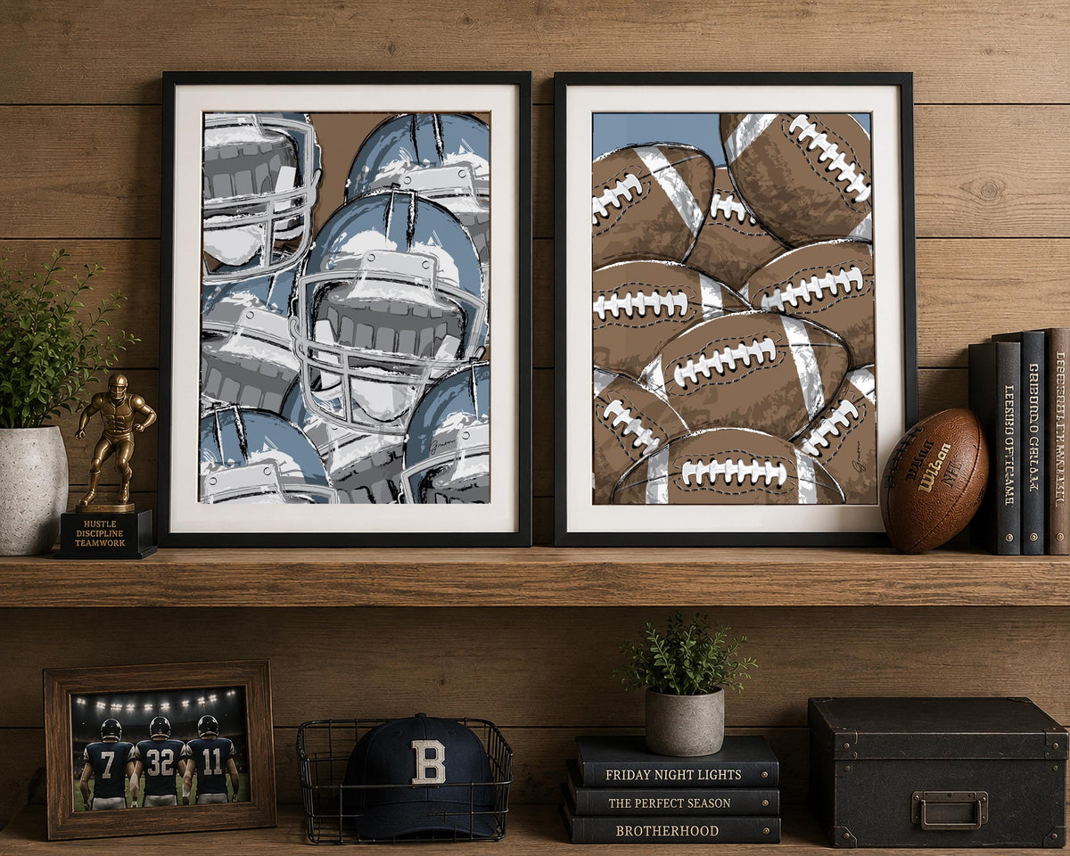 Framed Football Wall Art Set, Football Bedroom Decor, Boys Sports Room Art, Teen Boy Wall Decor, Matted Football Prints