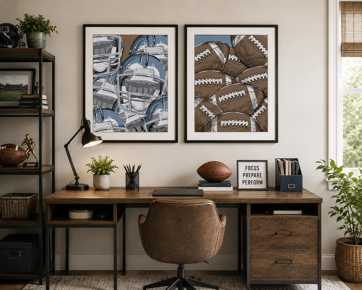 Framed Football Wall Art Set, Football Bedroom Decor, Boys Sports Room Art, Teen Boy Wall Decor, Matted Football Prints