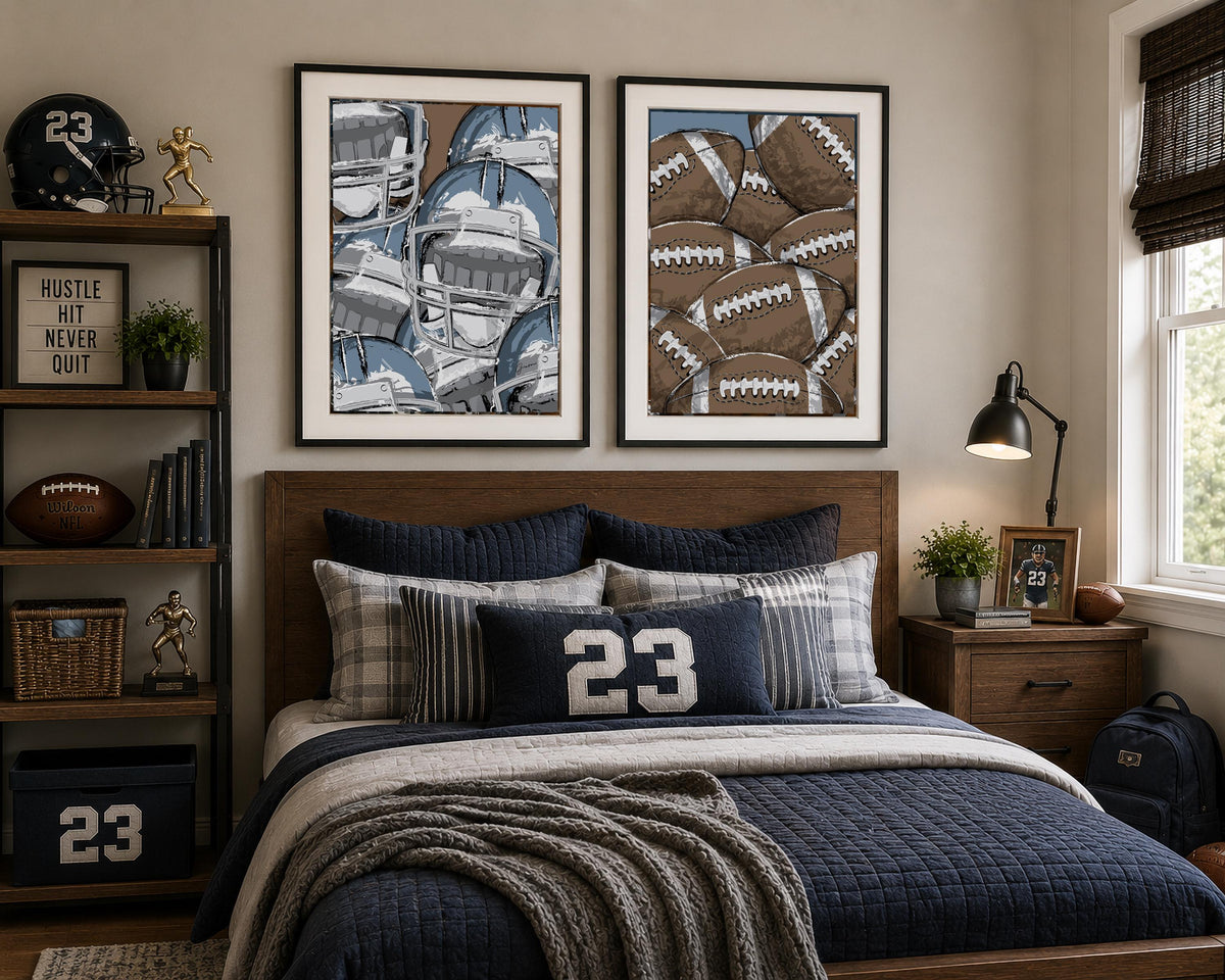 Framed Football Wall Art Set, Football Bedroom Decor, Boys Sports Room Art, Teen Boy Wall Decor, Matted Football Prints