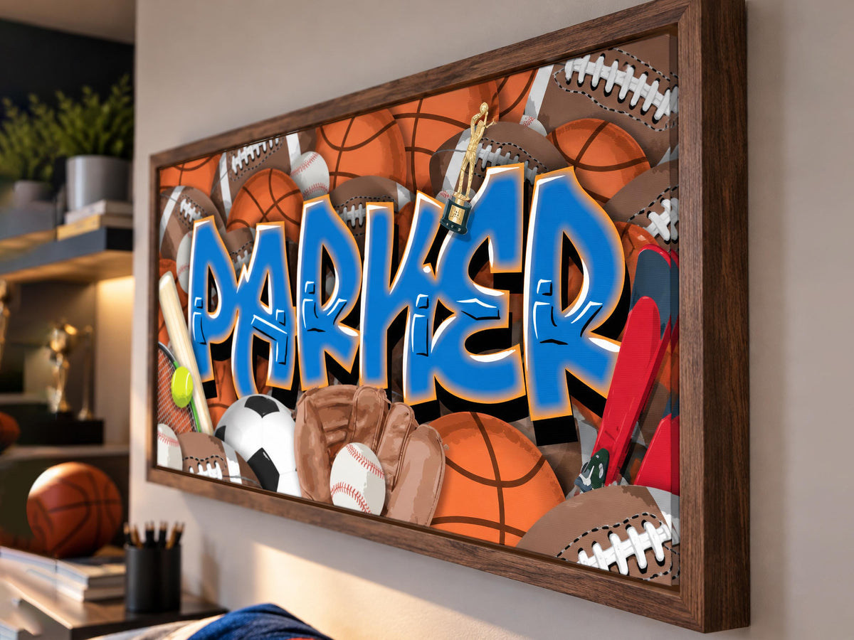 Sports Graffiti Name Custom Canvas Room Decor Wall Art Football Baseball Basketball Soccer Skiing Tennis Athletic Player Boys Design Bedroom