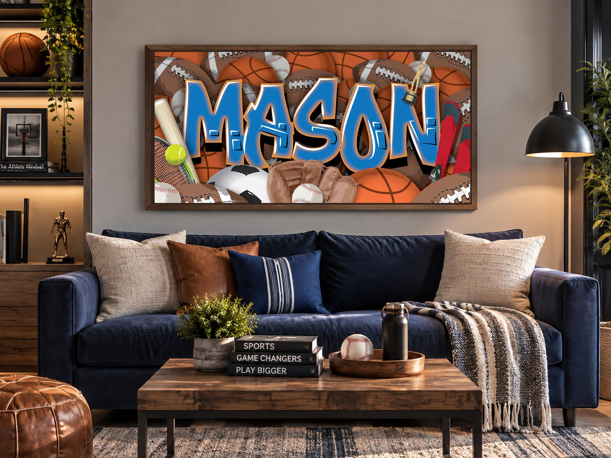 Sports Graffiti Name Custom Canvas Room Decor Wall Art Football Baseball Basketball Soccer Skiing Tennis Athletic Player Boys Design Bedroom