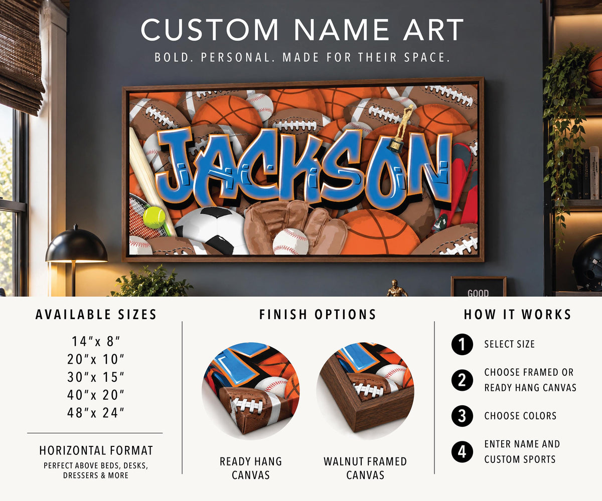 Sports Graffiti Name Custom Canvas Room Decor Wall Art Football Baseball Basketball Soccer Skiing Tennis Athletic Player Boys Design Bedroom
