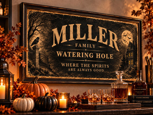Personalized Halloween Bar Sign, Custom Family Name Wall Art, Haunted House Watering Hole Sign, Framed Halloween Decor