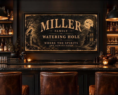 Personalized Halloween Bar Sign, Custom Family Name Wall Art, Haunted House Watering Hole Sign, Framed Halloween Decor