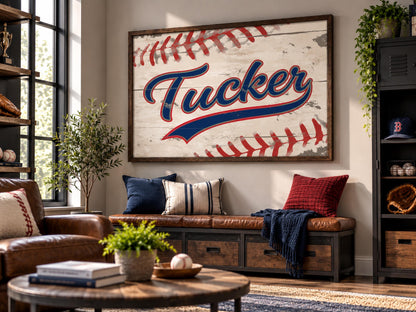 Personalized Baseball Wall Art, Custom Name Baseball Print, Boys Sports Room Decor, Vintage Baseball Framed Print