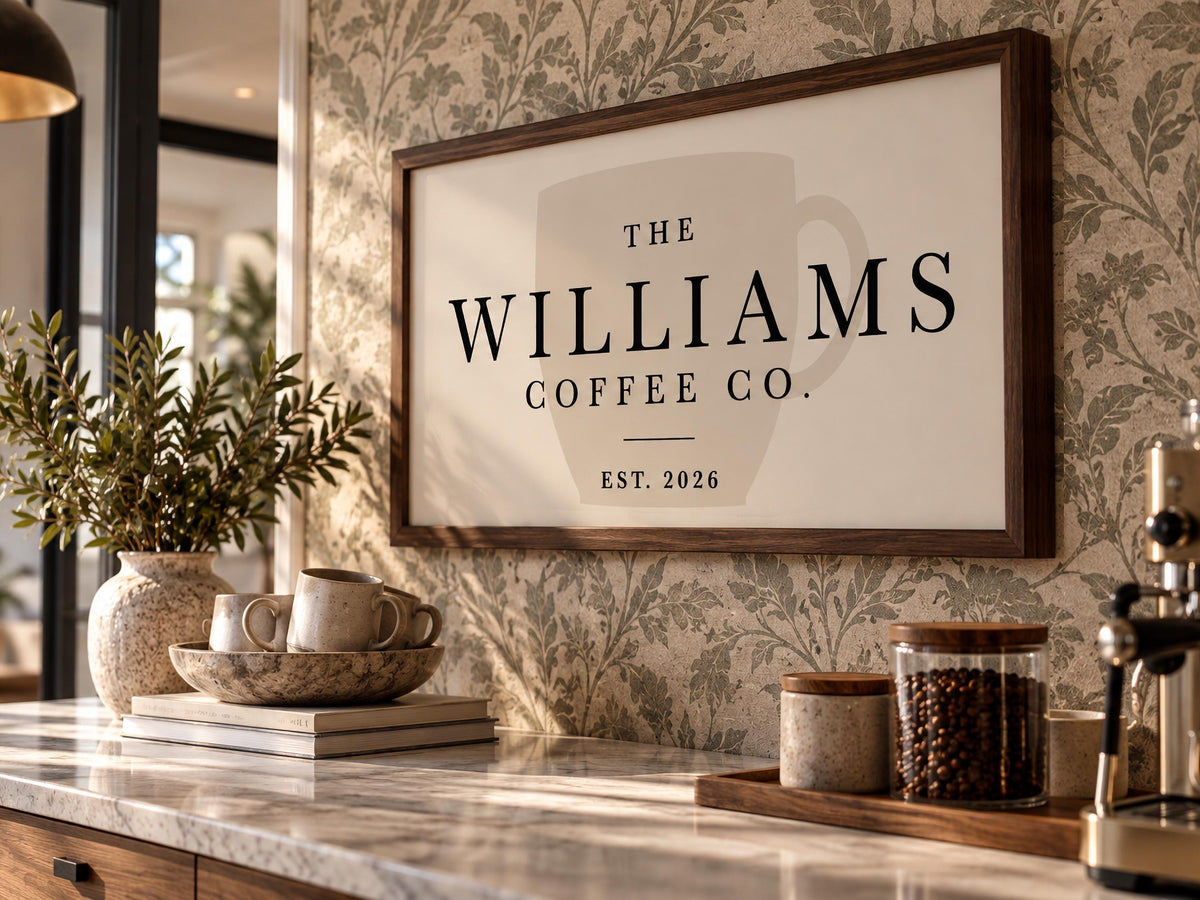 Personalized Coffee Bar Sign, Custom Family Name Wall Art, Coffee Station Decor, Kitchen Wall Art, Housewarming Gift