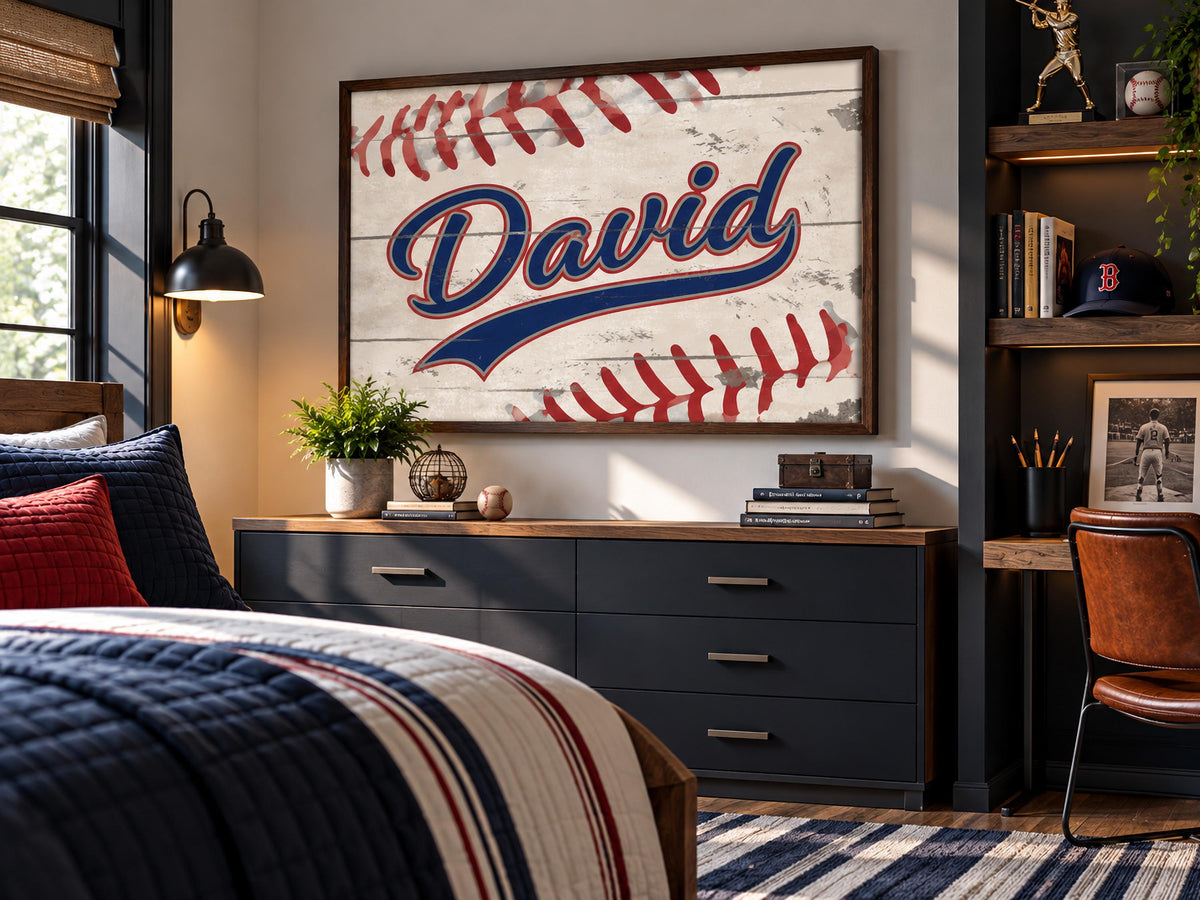 Personalized Baseball Wall Art, Custom Name Baseball Print, Boys Sports Room Decor, Vintage Baseball Framed Print