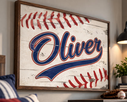 Personalized Baseball Wall Art, Custom Name Baseball Print, Boys Sports Room Decor, Vintage Baseball Framed Print