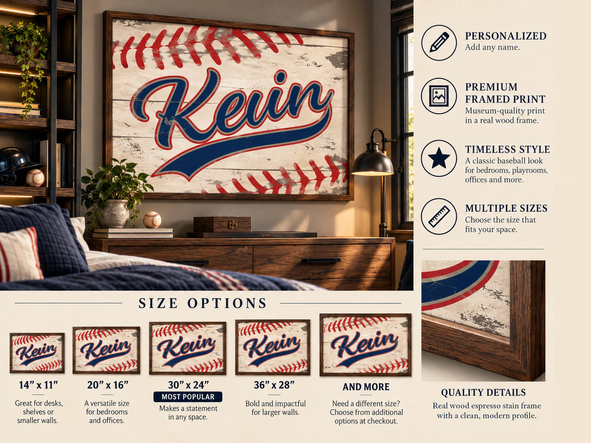 Personalized Baseball Wall Art, Custom Name Baseball Print, Boys Sports Room Decor, Vintage Baseball Framed Print