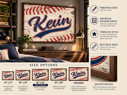 Personalized Baseball Wall Art, Custom Name Baseball Print, Boys Sports Room Decor, Vintage Baseball Framed Print