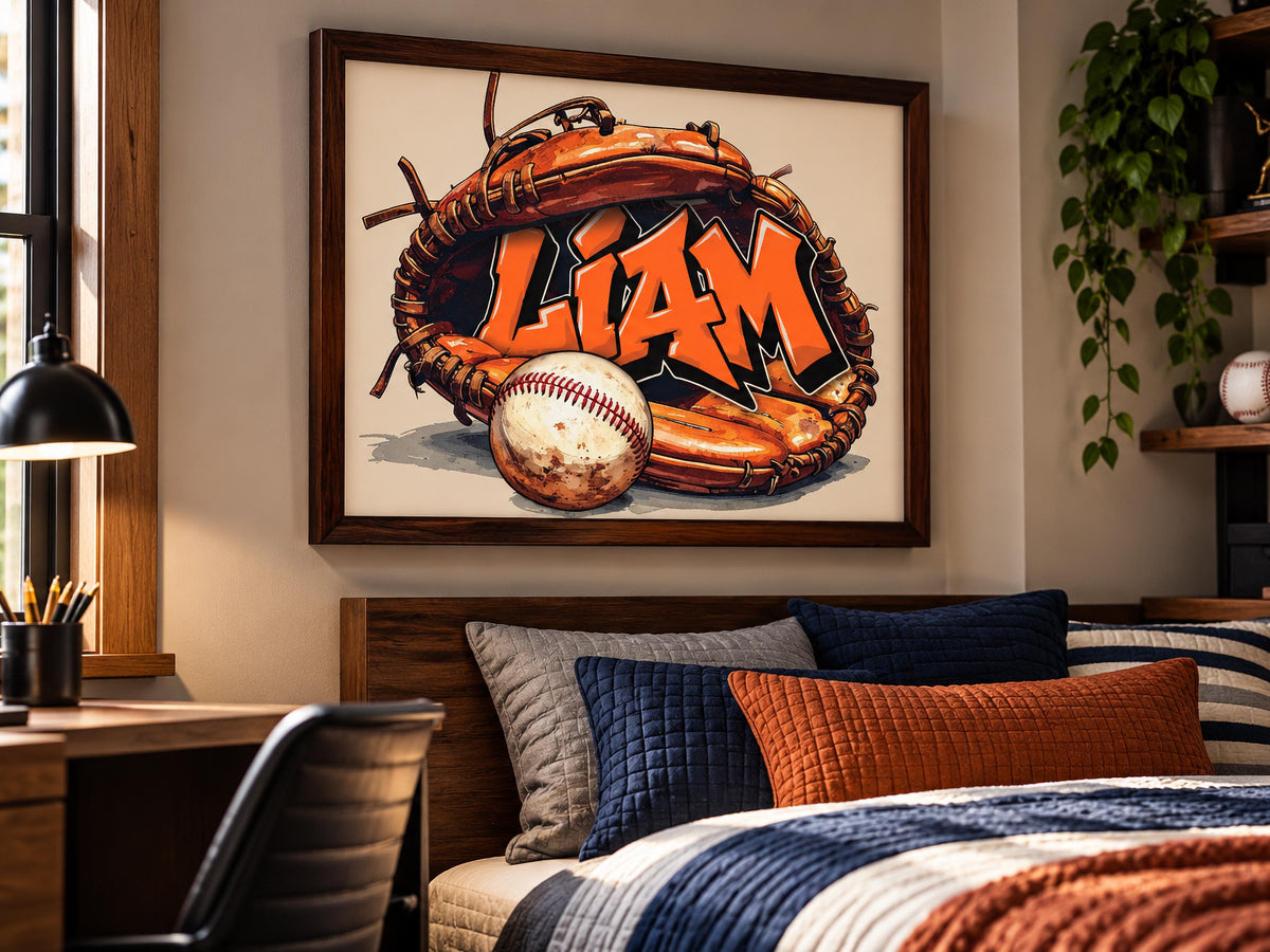 Personalized Baseball Wall Art, Custom Graffiti Name Print, Boys Baseball Room Decor, Framed Sports Art, Baseball Gift for Kids