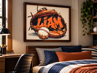 Personalized Baseball Wall Art, Custom Graffiti Name Print, Boys Baseball Room Decor, Framed Sports Art, Baseball Gift for Kids