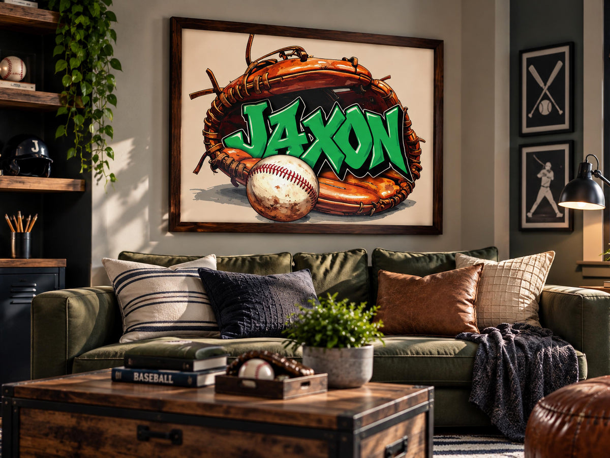 Personalized Baseball Wall Art, Custom Graffiti Name Print, Boys Baseball Room Decor, Framed Sports Art, Baseball Gift for Kids