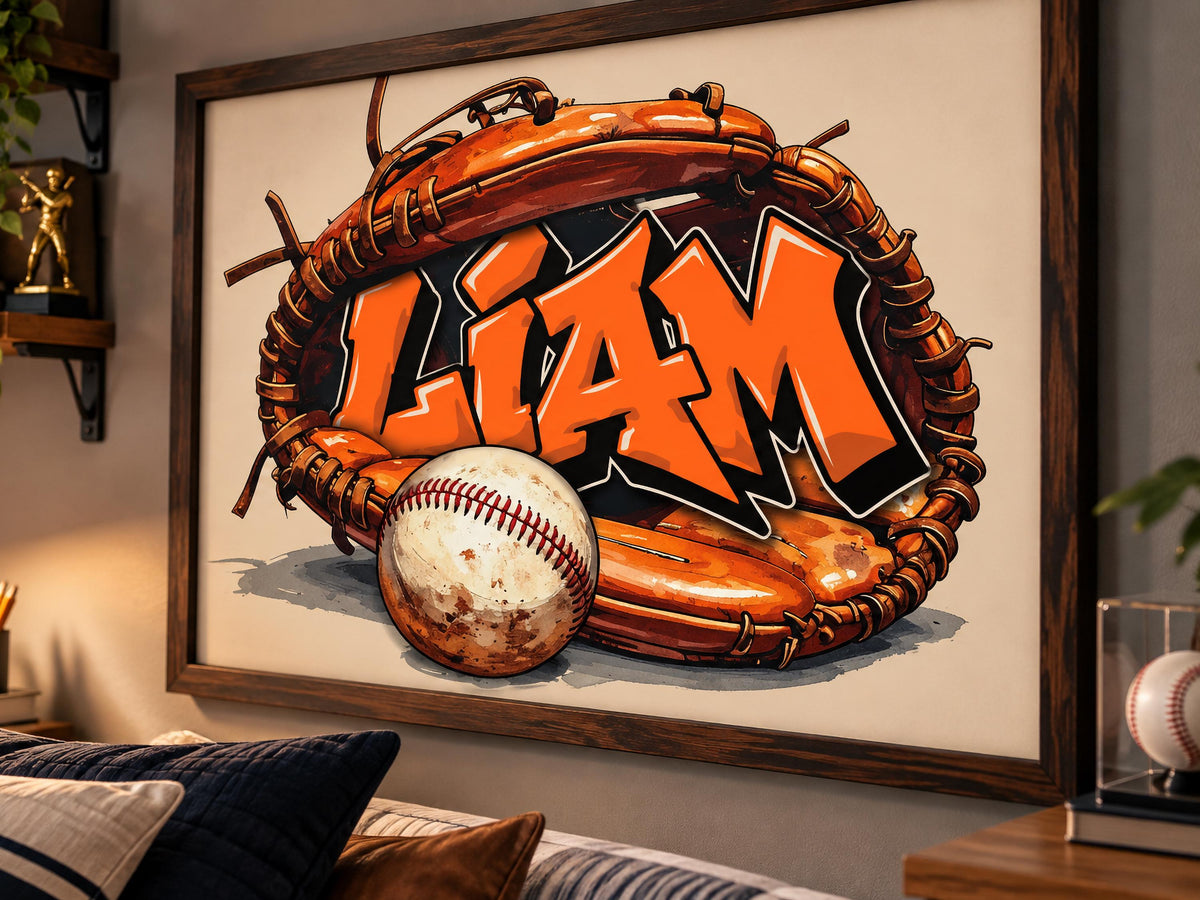 Personalized Baseball Wall Art, Custom Graffiti Name Print, Boys Baseball Room Decor, Framed Sports Art, Baseball Gift for Kids