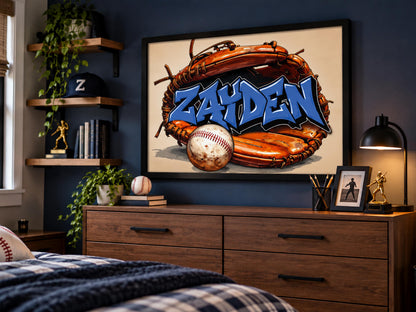 Personalized Baseball Wall Art, Custom Graffiti Name Print, Boys Baseball Room Decor, Framed Sports Art, Baseball Gift for Kids