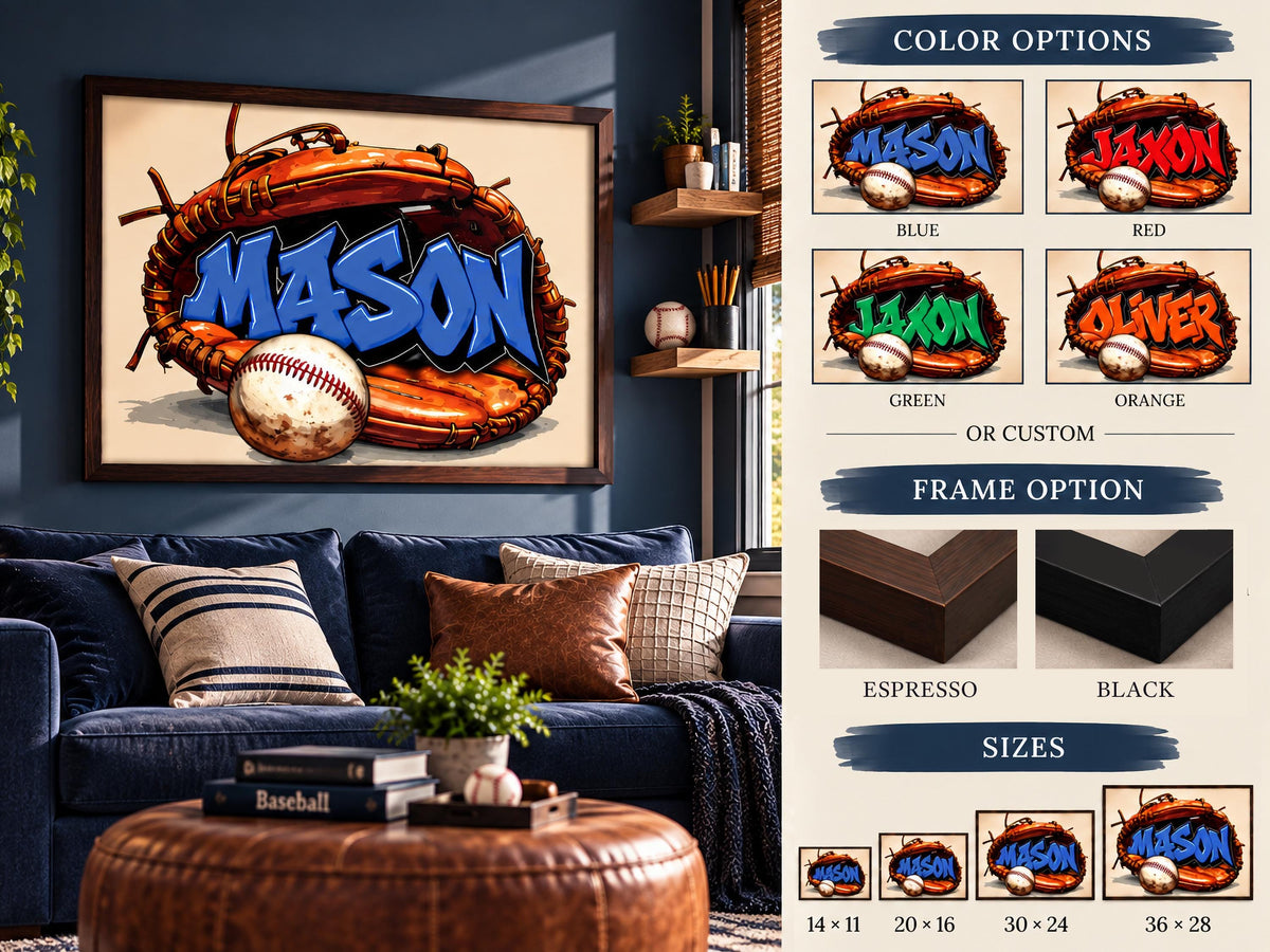 Personalized Baseball Wall Art, Custom Graffiti Name Print, Boys Baseball Room Decor, Framed Sports Art, Baseball Gift for Kids