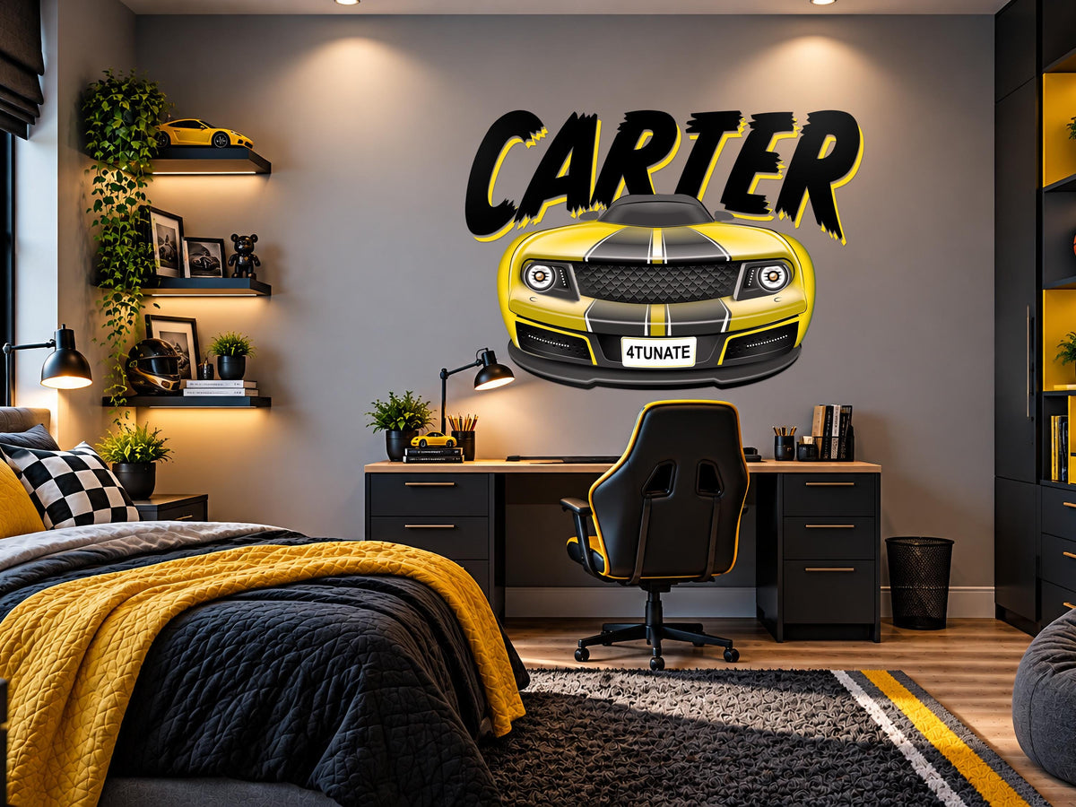 Personalized Race Car Wall Decal, Boys Name Wall Sticker, Graffiti Car Bedroom Decor, Custom Sports Car Wall Art