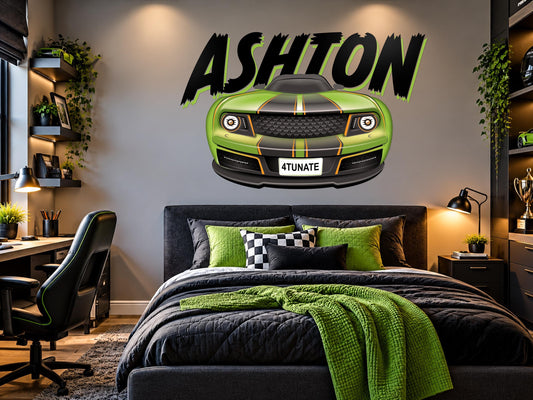 Personalized Race Car Wall Decal, Boys Name Wall Sticker, Graffiti Car Bedroom Decor, Custom Sports Car Wall Art