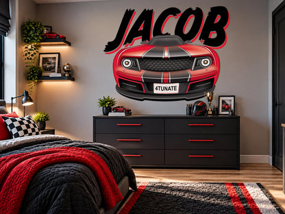 Personalized Race Car Wall Decal, Boys Name Wall Sticker, Graffiti Car Bedroom Decor, Custom Sports Car Wall Art