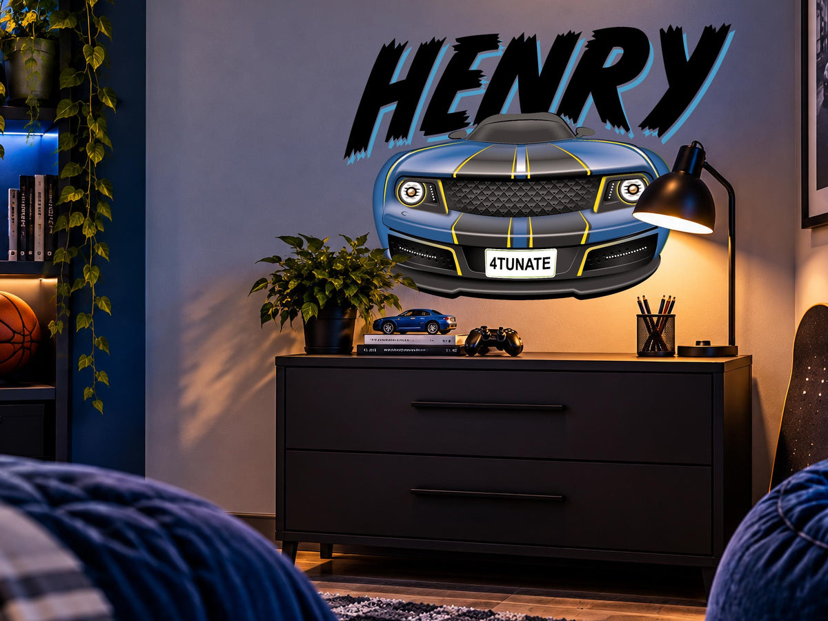 Personalized Race Car Wall Decal, Boys Name Wall Sticker, Graffiti Car Bedroom Decor, Custom Sports Car Wall Art
