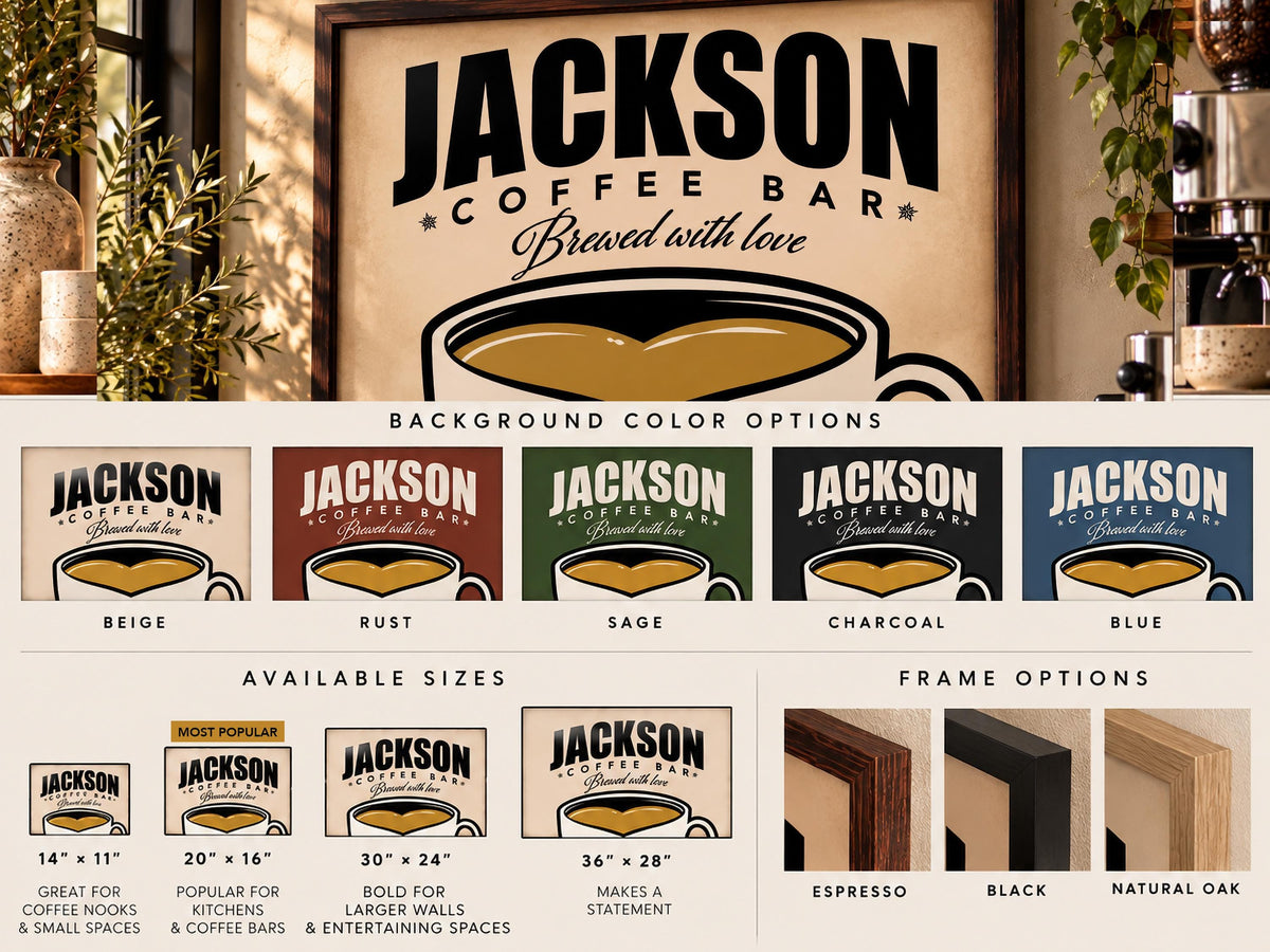 Personalized Coffee Bar Sign, Custom Family Name Framed Wall Art, Vintage Coffee Cup Print, Kitchen Coffee Station Decor, Coffee Lover Gift