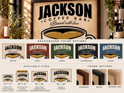 Personalized Coffee Bar Sign, Custom Family Name Framed Wall Art, Vintage Coffee Cup Print, Kitchen Coffee Station Decor, Coffee Lover Gift