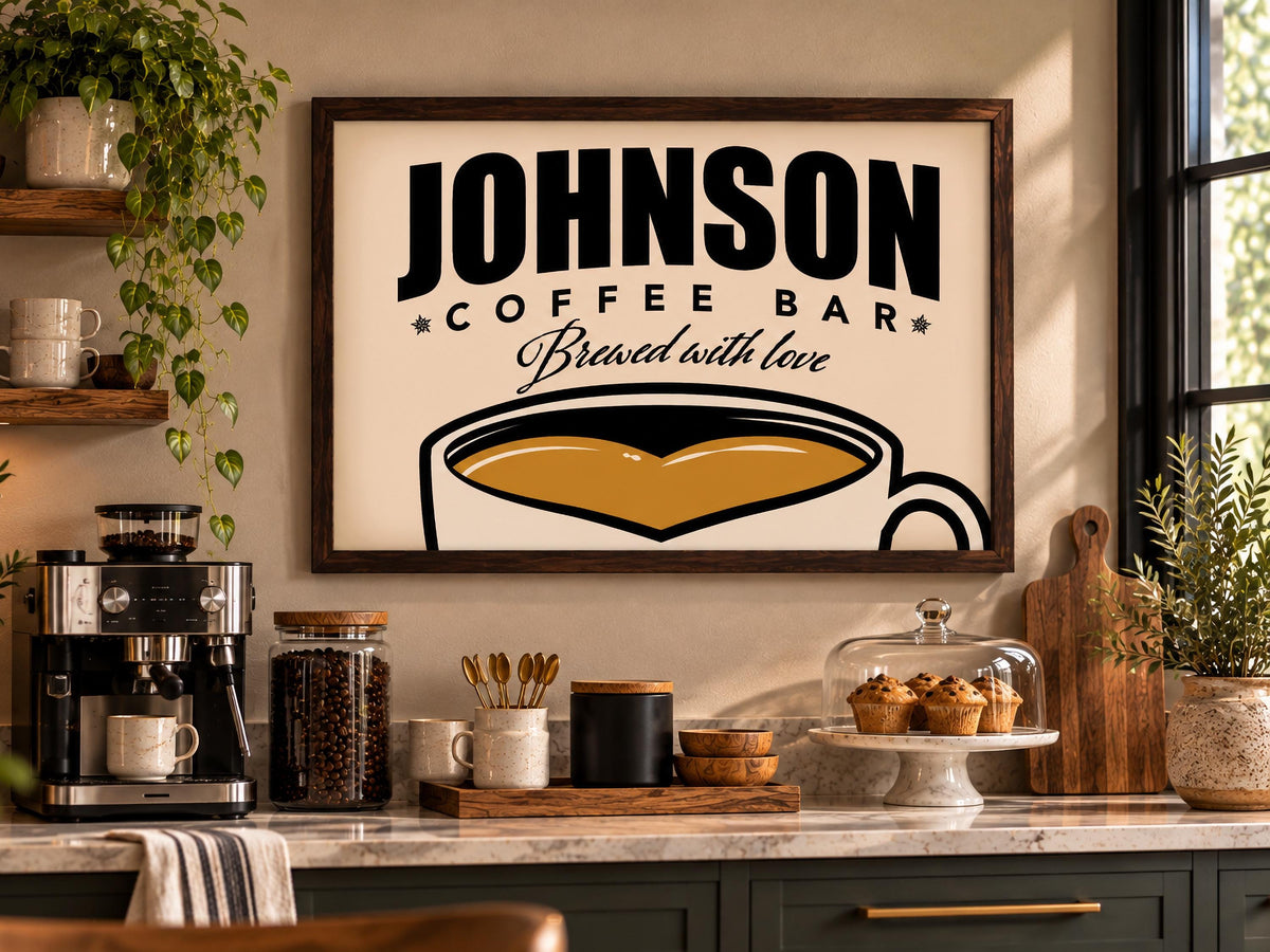 Personalized Coffee Bar Sign, Custom Family Name Framed Wall Art, Vintage Coffee Cup Print, Kitchen Coffee Station Decor, Coffee Lover Gift
