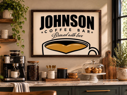Personalized Coffee Bar Sign, Custom Family Name Framed Wall Art, Vintage Coffee Cup Print, Kitchen Coffee Station Decor, Coffee Lover Gift
