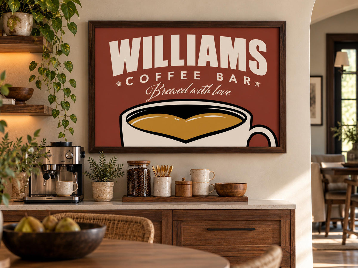 Personalized Coffee Bar Sign, Custom Family Name Framed Wall Art, Vintage Coffee Cup Print, Kitchen Coffee Station Decor, Coffee Lover Gift