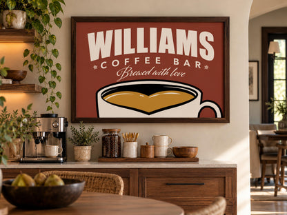 Personalized Coffee Bar Sign, Custom Family Name Framed Wall Art, Vintage Coffee Cup Print, Kitchen Coffee Station Decor, Coffee Lover Gift