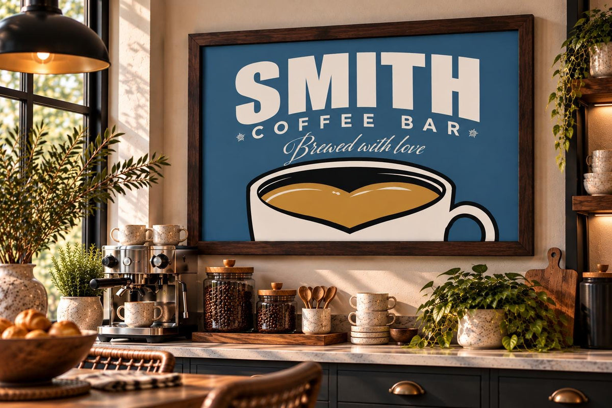 Personalized Coffee Bar Sign, Custom Family Name Framed Wall Art, Vintage Coffee Cup Print, Kitchen Coffee Station Decor, Coffee Lover Gift