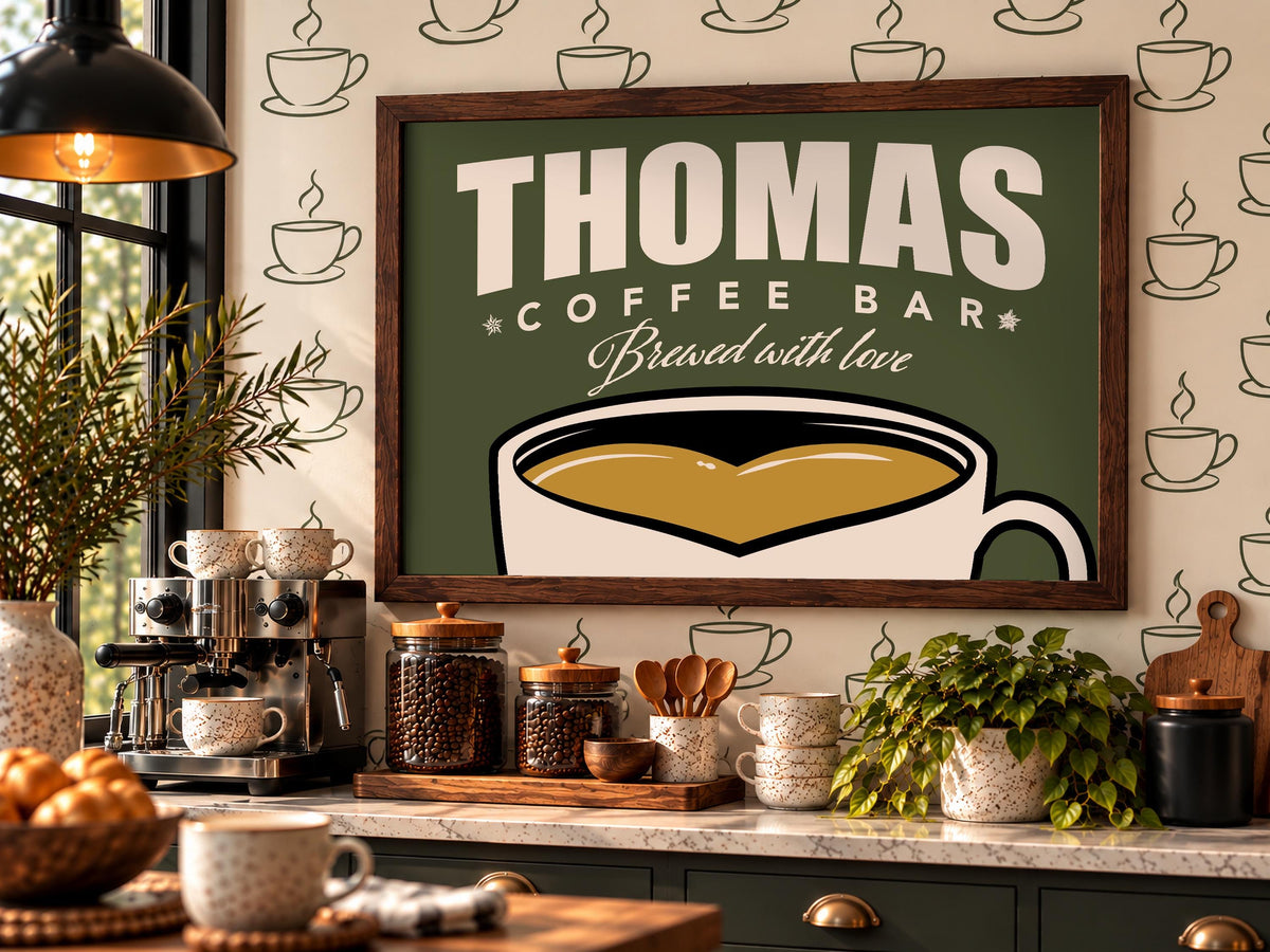 Personalized Coffee Bar Sign, Custom Family Name Framed Wall Art, Vintage Coffee Cup Print, Kitchen Coffee Station Decor, Coffee Lover Gift