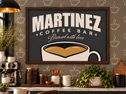 Personalized Coffee Bar Sign, Custom Family Name Framed Wall Art, Vintage Coffee Cup Print, Kitchen Coffee Station Decor, Coffee Lover Gift