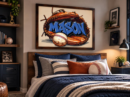 Personalized Baseball Wall Art, Custom Graffiti Name Print, Boys Baseball Room Decor, Framed Sports Art, Baseball Gift for Kids