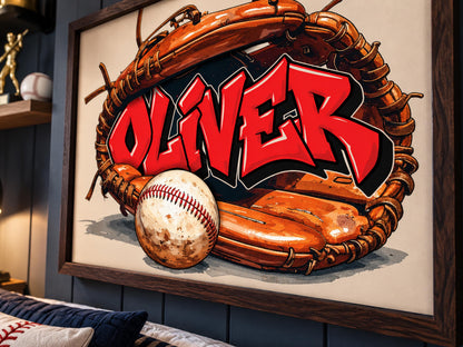 Personalized Baseball Wall Art, Custom Graffiti Name Print, Boys Baseball Room Decor, Framed Sports Art, Baseball Gift for Kids
