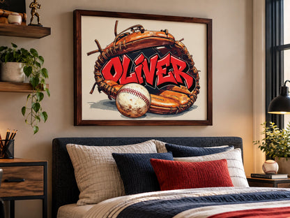 Personalized Baseball Wall Art, Custom Graffiti Name Print, Boys Baseball Room Decor, Framed Sports Art, Baseball Gift for Kids