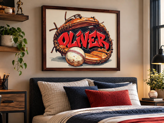 Personalized Baseball Wall Art, Custom Graffiti Name Print, Boys Baseball Room Decor, Framed Sports Art, Baseball Gift for Kids