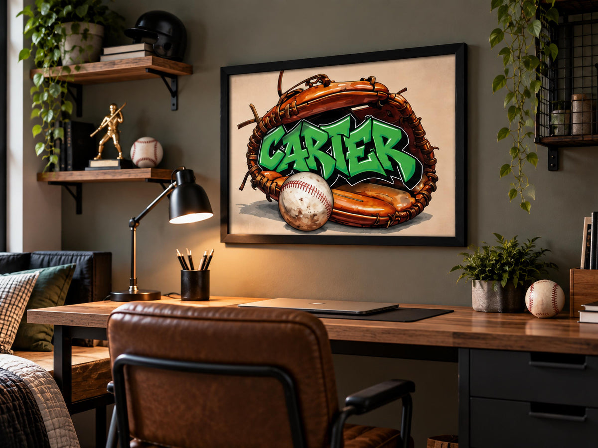 Personalized Baseball Wall Art, Custom Graffiti Name Print, Boys Baseball Room Decor, Framed Sports Art, Baseball Gift for Kids