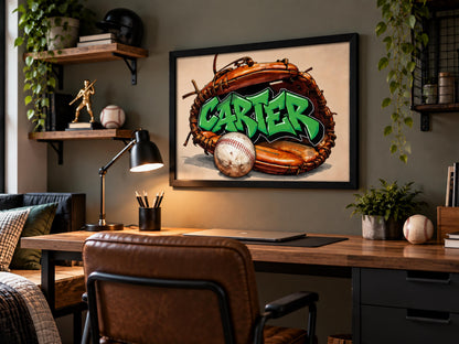 Personalized Baseball Wall Art, Custom Graffiti Name Print, Boys Baseball Room Decor, Framed Sports Art, Baseball Gift for Kids