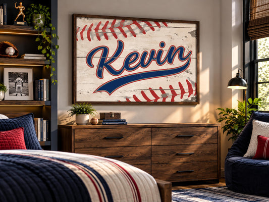 May include: A rectangular wall art piece featuring a distressed white wood background with red baseball stitching patterns. The name Kevin is written in a large, bold, blue script font with a red outline, styled like a classic baseball logo.
