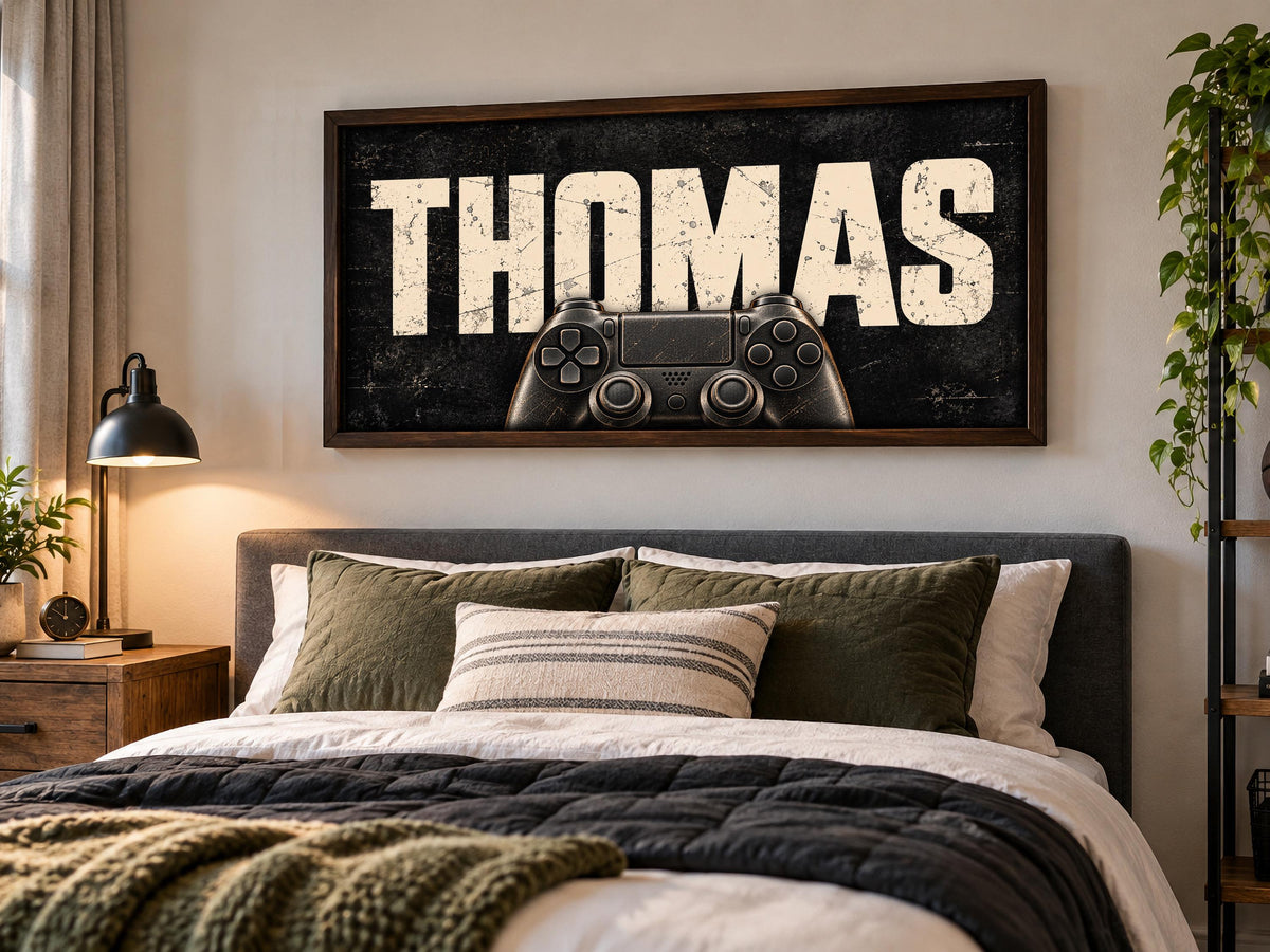 Personalized Gamer Wall Art, Custom Name Gaming Controller Framed Print, Boys Teen Bedroom Decor, Video Game Room Art