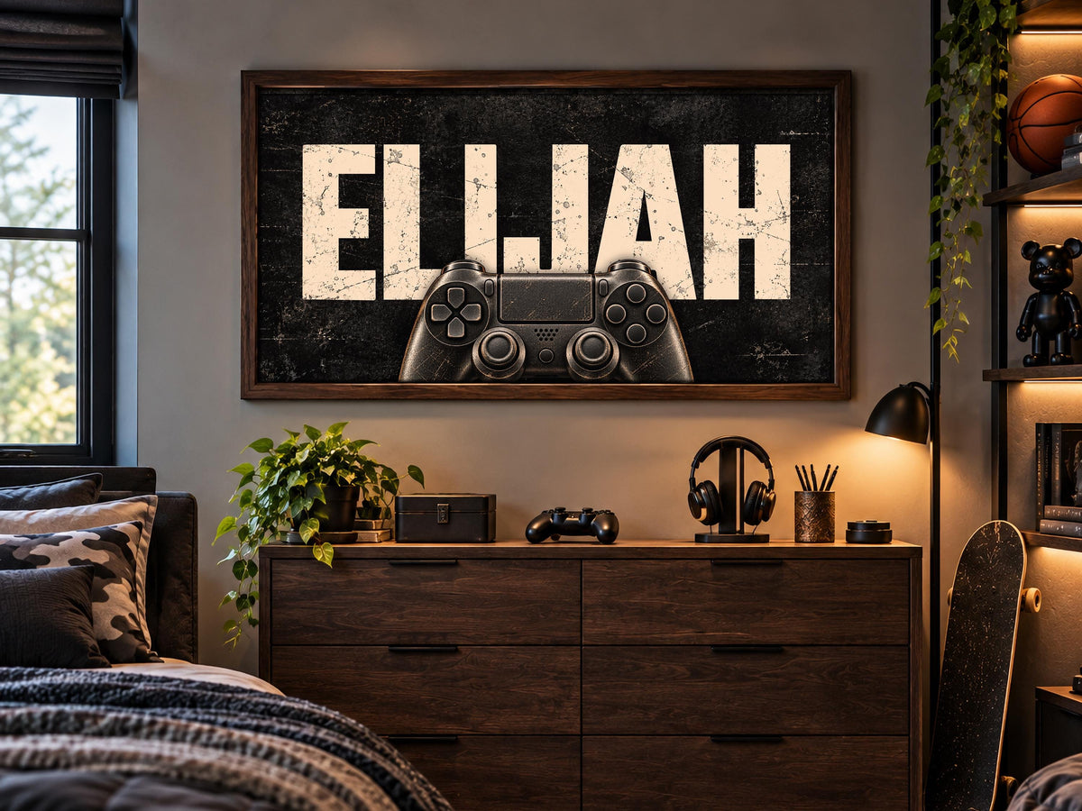 Personalized Gamer Wall Art, Custom Name Gaming Controller Framed Print, Boys Teen Bedroom Decor, Video Game Room Art