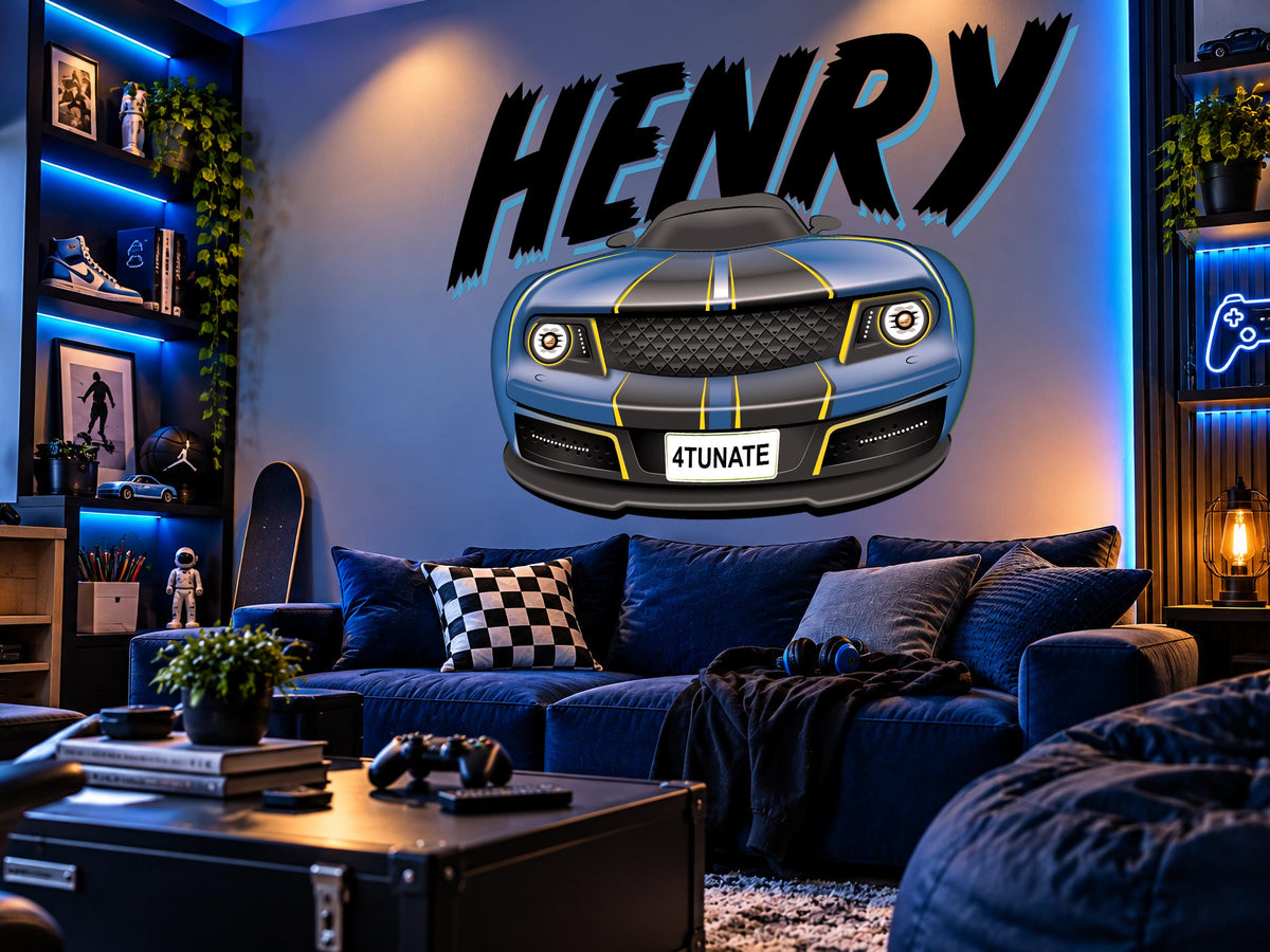 Personalized Race Car Wall Decal, Boys Name Wall Sticker, Graffiti Car Bedroom Decor, Custom Sports Car Wall Art