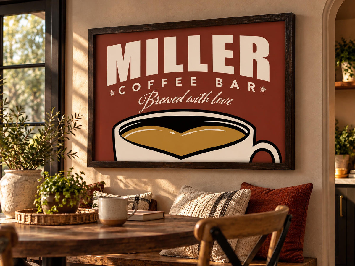 Personalized Coffee Bar Sign, Custom Family Name Framed Wall Art, Vintage Coffee Cup Print, Kitchen Coffee Station Decor, Coffee Lover Gift