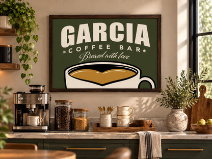 Personalized Coffee Bar Sign, Custom Family Name Framed Wall Art, Vintage Coffee Cup Print, Kitchen Coffee Station Decor, Coffee Lover Gift