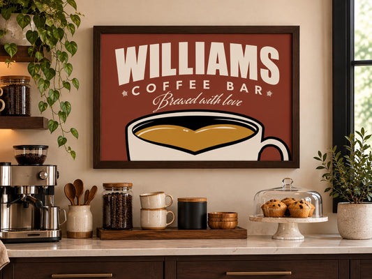 Personalized Coffee Bar Sign, Custom Family Name Framed Wall Art, Vintage Coffee Cup Print, Kitchen Coffee Station Decor, Coffee Lover Gift