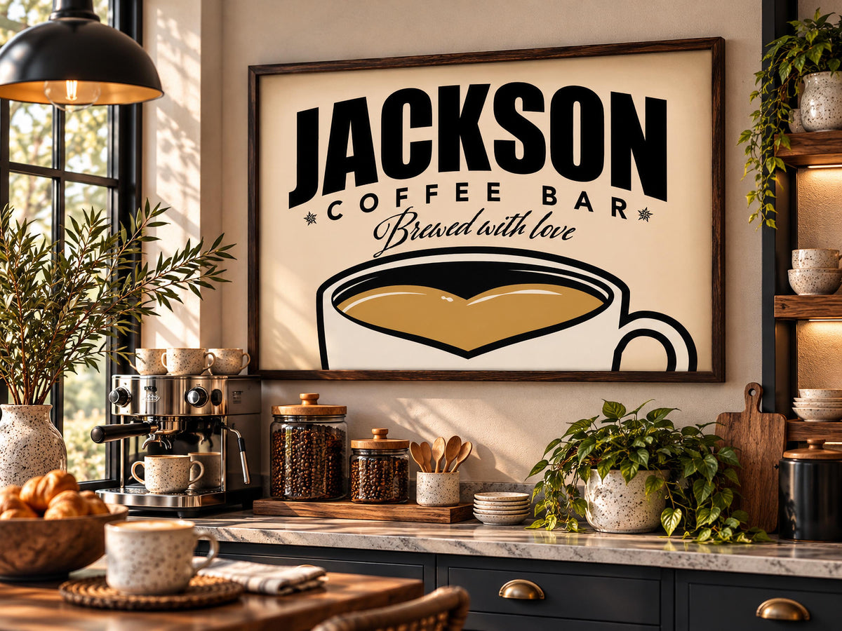 Personalized Coffee Bar Sign, Custom Family Name Framed Wall Art, Vintage Coffee Cup Print, Kitchen Coffee Station Decor, Coffee Lover Gift