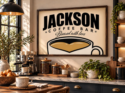 Personalized Coffee Bar Sign, Custom Family Name Framed Wall Art, Vintage Coffee Cup Print, Kitchen Coffee Station Decor, Coffee Lover Gift