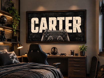 Personalized Gamer Wall Art, Custom Name Gaming Controller Framed Print, Boys Teen Bedroom Decor, Video Game Room Art